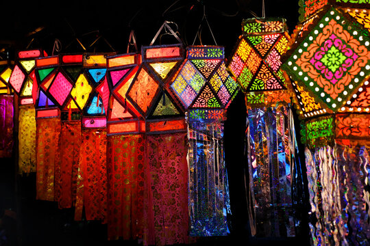 Pune, Maharashtra, India, Oct. 30, 2021 - Colorful traditional Lanterns in Various Shapes Akash kandil (Diwali decorative lamps) Hang out side shop for sale celebrating Diwali Festival.