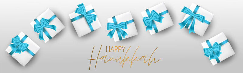 Fototapeta na wymiar Happy Hanukkah. Traditional Jewish holiday. Chankkah banner or website header background design concept. Judaic religion decor with white luxury gift boxes with blue ribbon. Vector illustration.