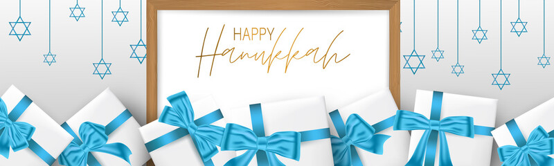 Happy Hanukkah. Traditional Jewish holiday. Chankkah banner or website header background design concept. Judaic religion decor with white luxury gift boxes with blue ribbon. Vector illustration.