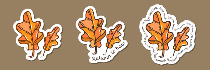 Colorful hand-drawn autumn mood sticker set with oak leaves in doodle style isolated on white background. Cute vector collection for seasonal decoration.