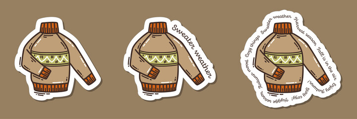 Colorful hand-drawn autumn mood stickers set with a sweater in doodle style isolated on white background. Cute vector collection for seasonal decoration.