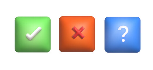 Green check mark and red cross icon. A "Like" or "dislike" icon on a white background, a checkmark button, a question, a cross icon of a mobile application. 3d visualization of the illustration
