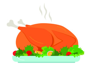 Roast turkey or chicken clip art illustration in flat cartoon vector style. Roasted poultry on plate decorated with lettuce and tomatoes.