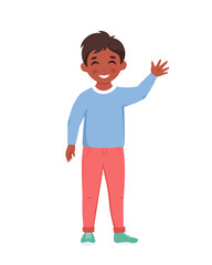 Boy smiling and waving hand. Elementary school student. Vector illustration