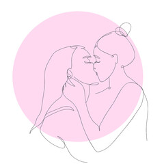 Lesbian couple, family. Girls are kissing. Homosexual love, romantic, kiss. Women. LGBT family. Vector isolated black and white line drawing. One continuous line illustration.