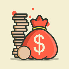 Money coin bag with US dollar sign. Pile of coins. Saving, banking, finance concept. Flat style illustration. 