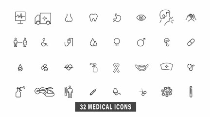 vector illustration of set of black white lining medical instrument. heart pulse, doctor case, diagnosis, stethoscope, blood pressure, ampoule, scalpel, tomography, ambulance car, hospital etc	