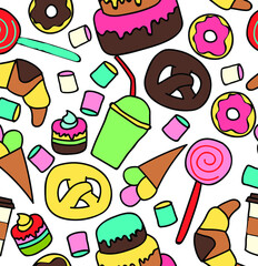 Seamless pattern with sweets. Vector illustration with coffee cups, donuts and marshmallow. Template for menu, design fabric, textile, backgrounds, wrapping paper and package.