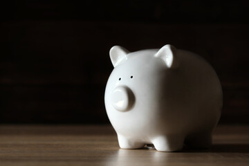 White piggy bank in the form of a pig on a dark background, a place to copy text