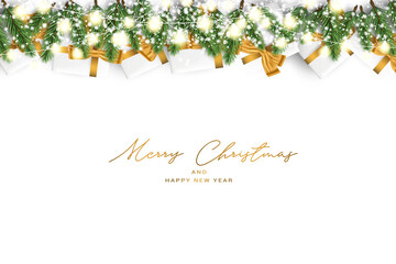 Christmas and New Year banner background. Fir tree branches with sparkling lights garland covered in snow. Presents with golden decor. White luxury design. Vector illustration.