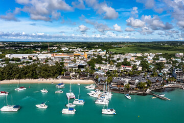 Aerial view, beaches with luxury hotels with water sports and boats at Grand Baie Pamplemousses...