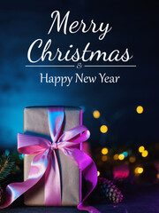 Fototapeta na wymiar Merry Christmas and Happy New Year vertical greeting card. Elegant gift box with purple ribbon. blue background, bokeh garlands