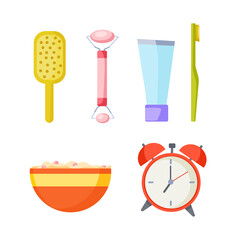 Collection of morning procedures icons. Everyday affairs. Stickers - comb, massager, toothpaste and brush, porridge and alarm clock. Early awakening. Vector cartoon illustration.
