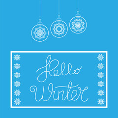 Hello Winter Typographic Poster. Hand Drawn Phrase. Lettering on Snowflake Sky Background