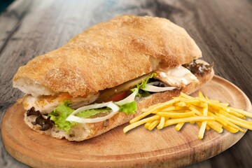 doner kebab,with fresh vegetables and meat. with large spices. restaurant serving.