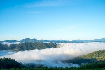 foggy or the clouds while sunrise sky, sea of fog is formed from stratus,Foggy valley mount ridge nature.	
