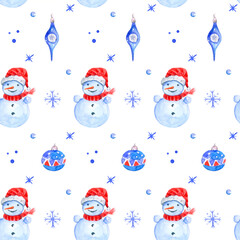 Watercolor Christmas or new Year seamles texture with Snowman and toys.