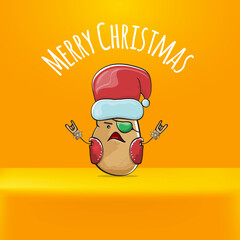 vector rock star Santa Claus potato funny cartoon cute character with red Santa hat and calligraphic merry Christmas text isolated on orange background. Rock n roll funky Christmas party banner