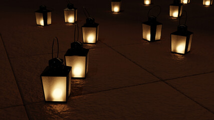 Old style lantern of brown tile floor with blur background (3D Rendering) © เท้ PY15MU