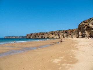 Sandy beach with bathers, Beach Praia do Beliche, Sagres, Algarve, Portugal,