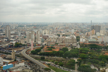 Naklejka na ściany i meble Sao Paulo cityscape, panoramic aerial view. Skyscrapers of big metropolis