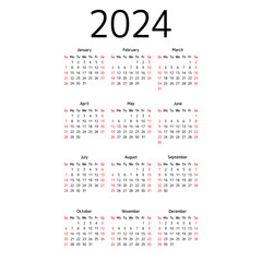 English calendar for 2024. Week starts on Sunday. Vector illustration.