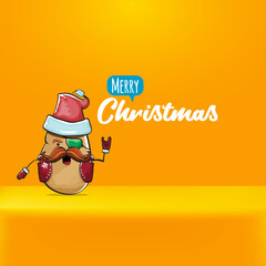 vector rock star Santa Claus potato funny cartoon cute character with red Santa hat and calligraphic merry Christmas text isolated on orange background. Rock n roll funky Christmas party banner