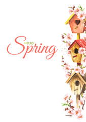 Birdhouse and flowering branch. Spring card concept. Watercolor hand drawn illustration isolated on white background