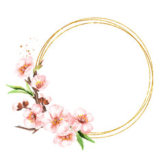 Spring blooming sakura frame. Watercolor hand drawn illustration, isolated on white background