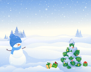 Christmas snowy scene with snowman and Christmas tree