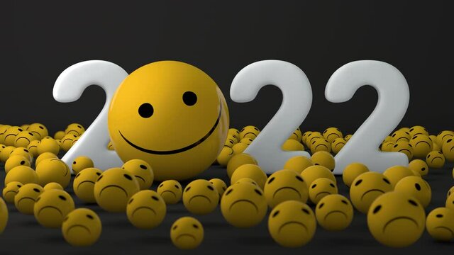 New Year 3d animation of the date of the New Year 2022. A lot of sad-looking emoticons decrease in size when a joyful 2022 and a smiling smiley appear.
