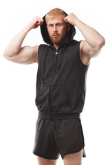 Red-haired man of athletic physique on white isolated background