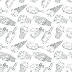 Vector seamless pattern with hand drawn outline different ice cream. Can be used for printing, textiles, packaging paper and dessert menu.