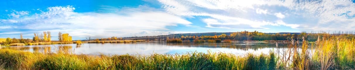 landscape panorama lake autumn sun yellow leaves