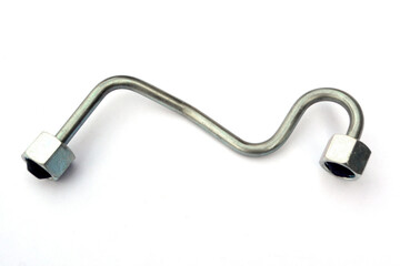 Car fuel metal pipe on isolated white background. New spare parts.