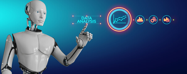 Data analysis analytics big data business intelligence technology concept. Robot pressing button on virtual screen. 3d render.