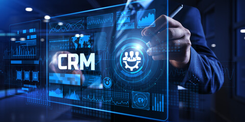 CRM Customer relationship management concept. Businessman pressing button on screen.