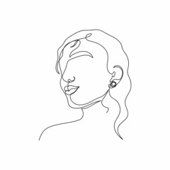 Vector continuous one single line drawing icon of beautiful woman pretty girl face in silhouette on a white background. Linear stylized.