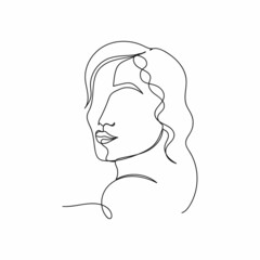 Vector continuous one single line drawing icon of pretty beautiful lady female woman girl  in silhouette on a white background. Linear stylized.