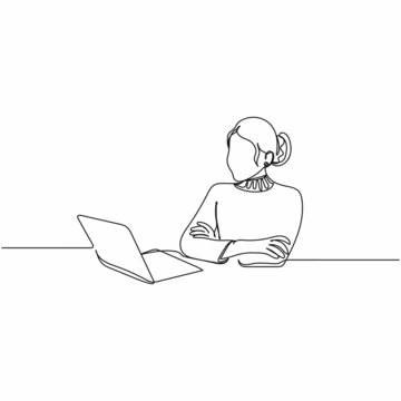 Vector continuous one single line drawing icon of business woman with laptop notebook online conference or online learning in silhouette on a white background. Linear stylized.