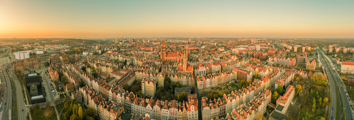 sunset over  gdansk old town panoramic view 