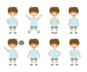 Cute cartoon little boy set of expressions. Collection of kids expressions. Funny child character in various pose.