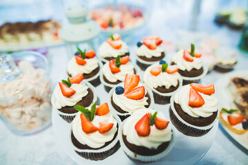 Delicious and tasty dessert table with cupcakes shots at reception closeup