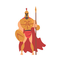 Spartan Man in Red Cloak and Helmet Armed with Spear and Shield Standing Vector Illustration
