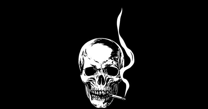 Looped 4K video of vector animation of a skull smoking a cigarette on black background
