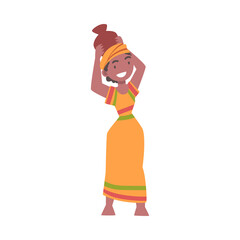 Barefoot African Aboriginal Woman Character Dressed in Traditional Tribal Clothing Carrying Vase on Her Head Vector Illustration