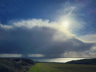 storm clouds over sea and green fields