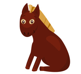 Cute surprised cartoon horse sitting snd smiling on white