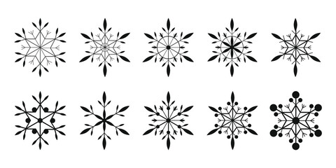 Vector set of snowflakes in linear style. Сollection of black snowflakes on white background