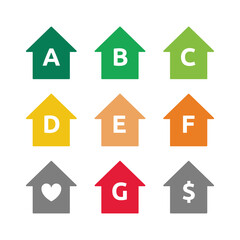 EPC - Energy Performance Certificate Icons from A to G - High to low performance of power consumption